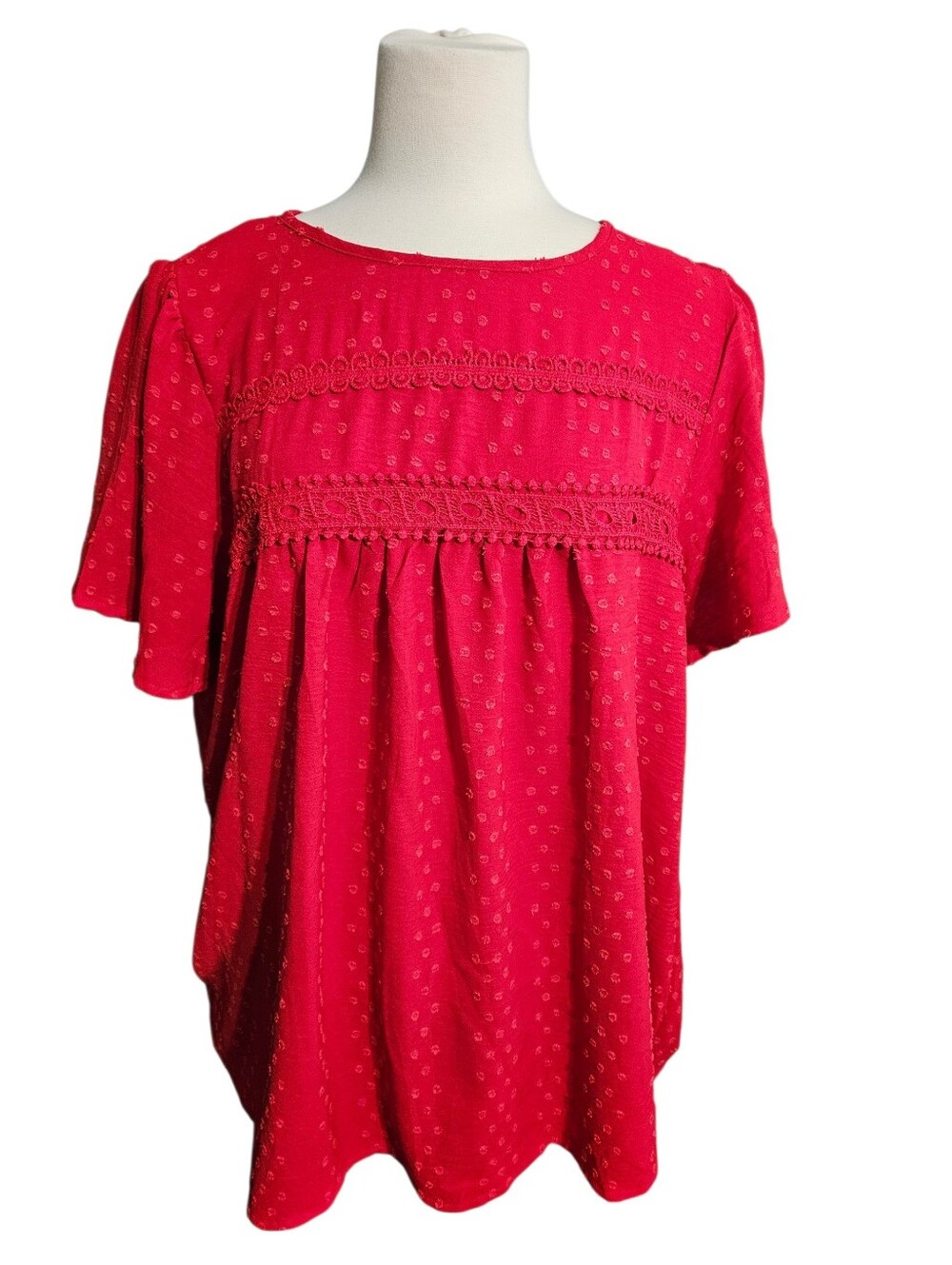 2XL Red Short Sleeve Women's Top  With Lace Trim And Swiss Dots